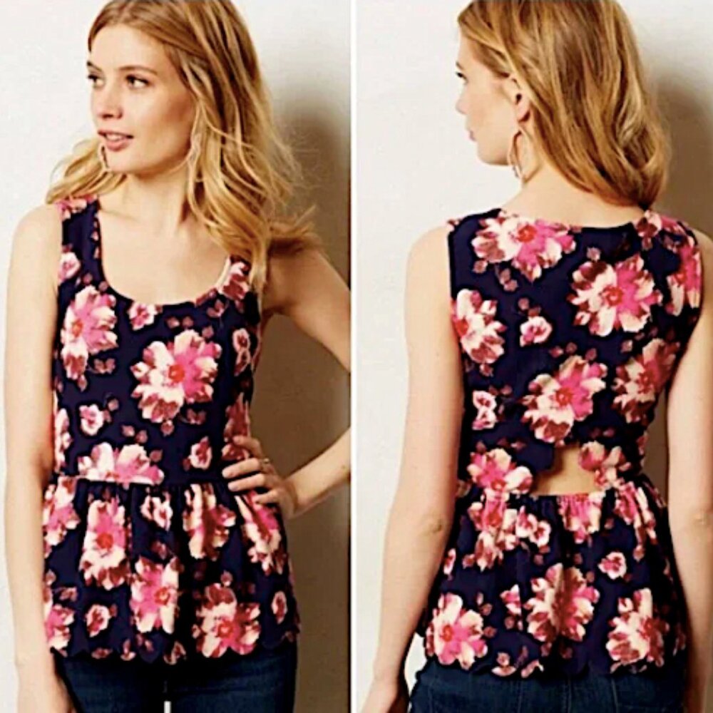 Anthropologie Postmark Floral Open Back Peplum Top Size S